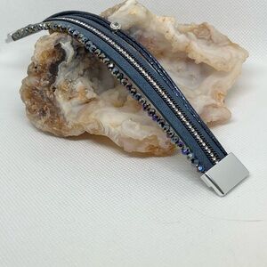 Elegant Blue Leather Bracelet with Silver Accents